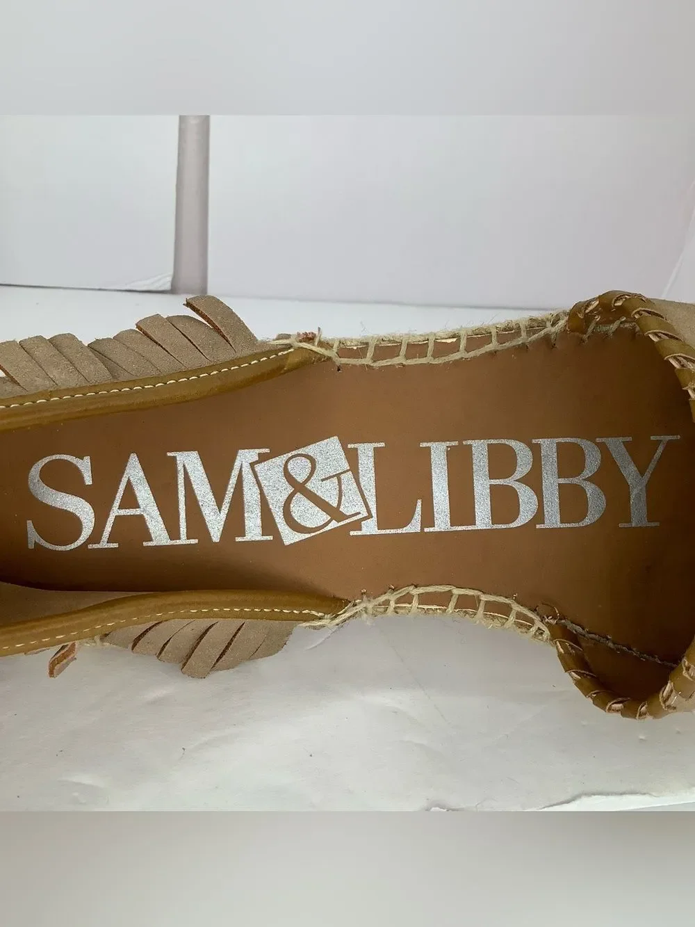 Sam & Libby Taupe Suede Espadrille Sandals Ankle Strap Stud Accents Sz 7
